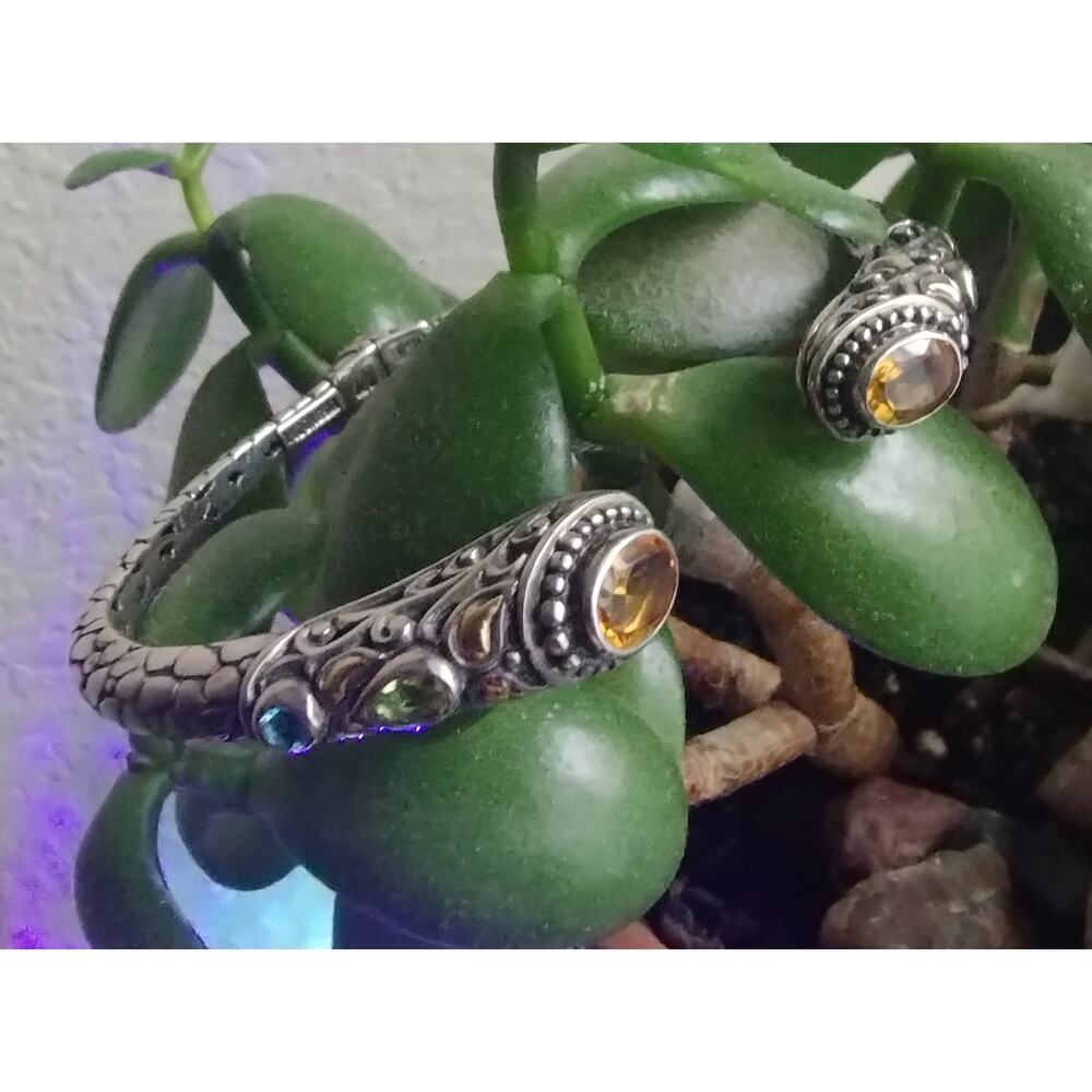 ROBERT MANSE Sterling 18K Gold Citrine Blue Topaz Peridot Hinged Bangle Bracelet